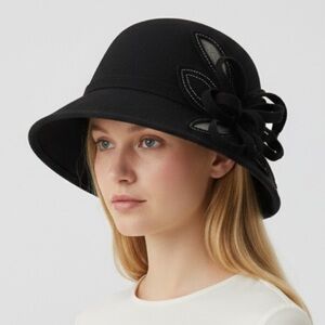 Adora Elegant Black 100% wool felt cloche hat with floral detail